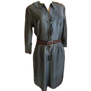 Vintage Green Long-Sleeve Shirt Dress With Belt & Button Details Womens Medium